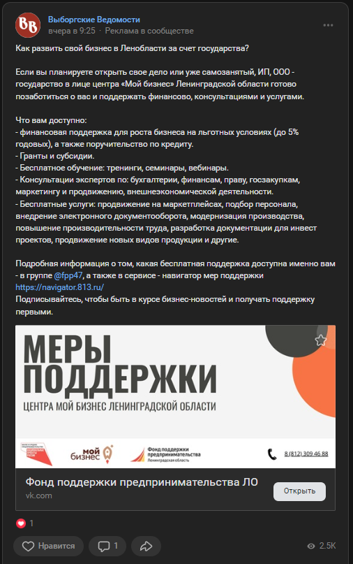 Пример рекламной публикации о мерах поддержки предпринимателей